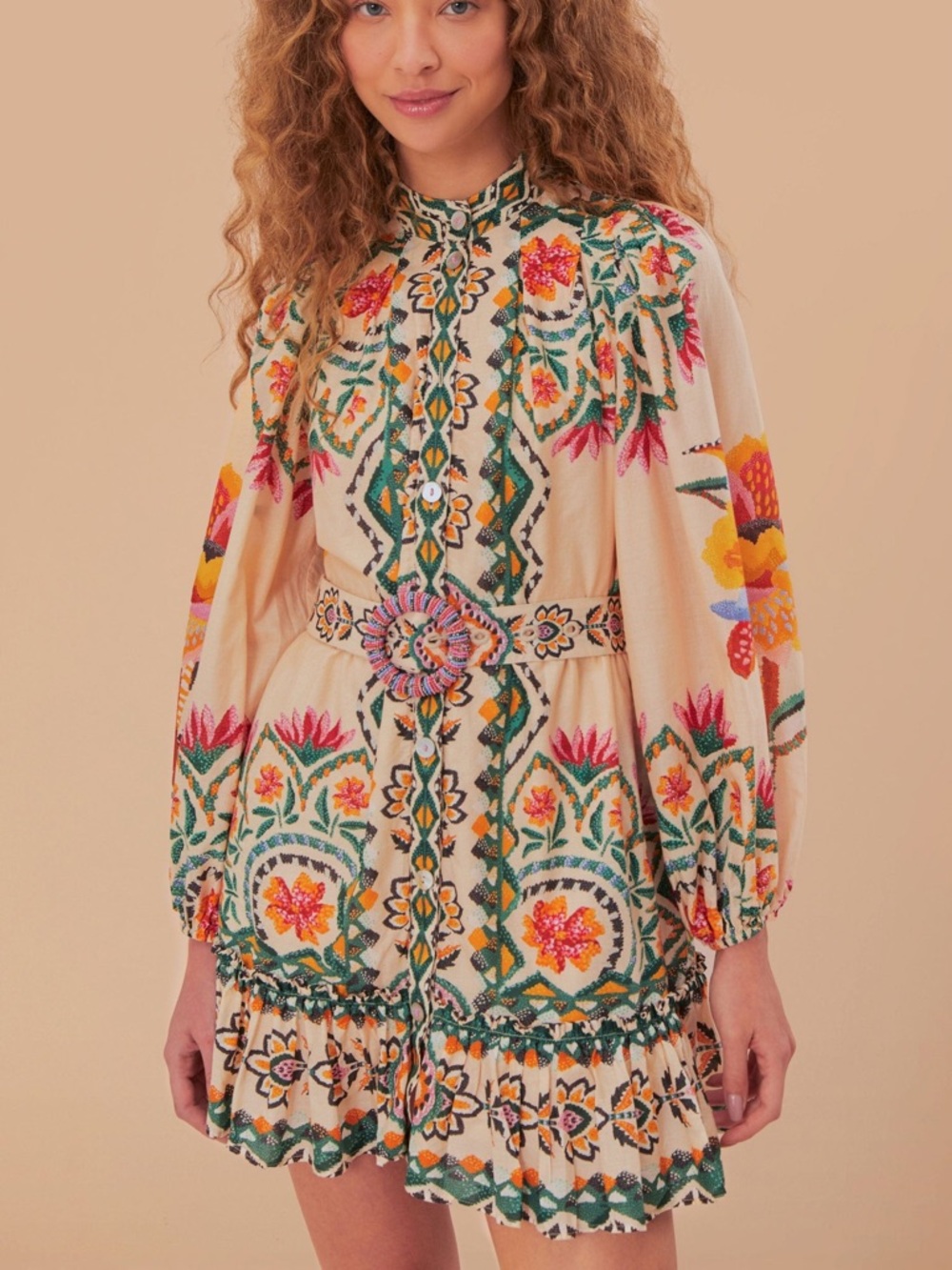 FARM Rio Cream Floral Embroidered Mini Dress with Green & Pink Accents